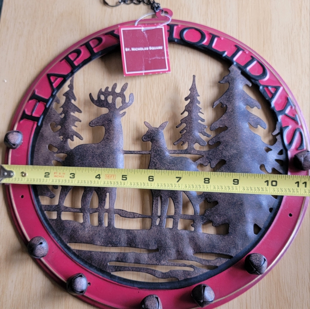 St. Nicholas Square Red and Brown Deer Metal Holiday Wreath With Bells. - Picture 10 of 10